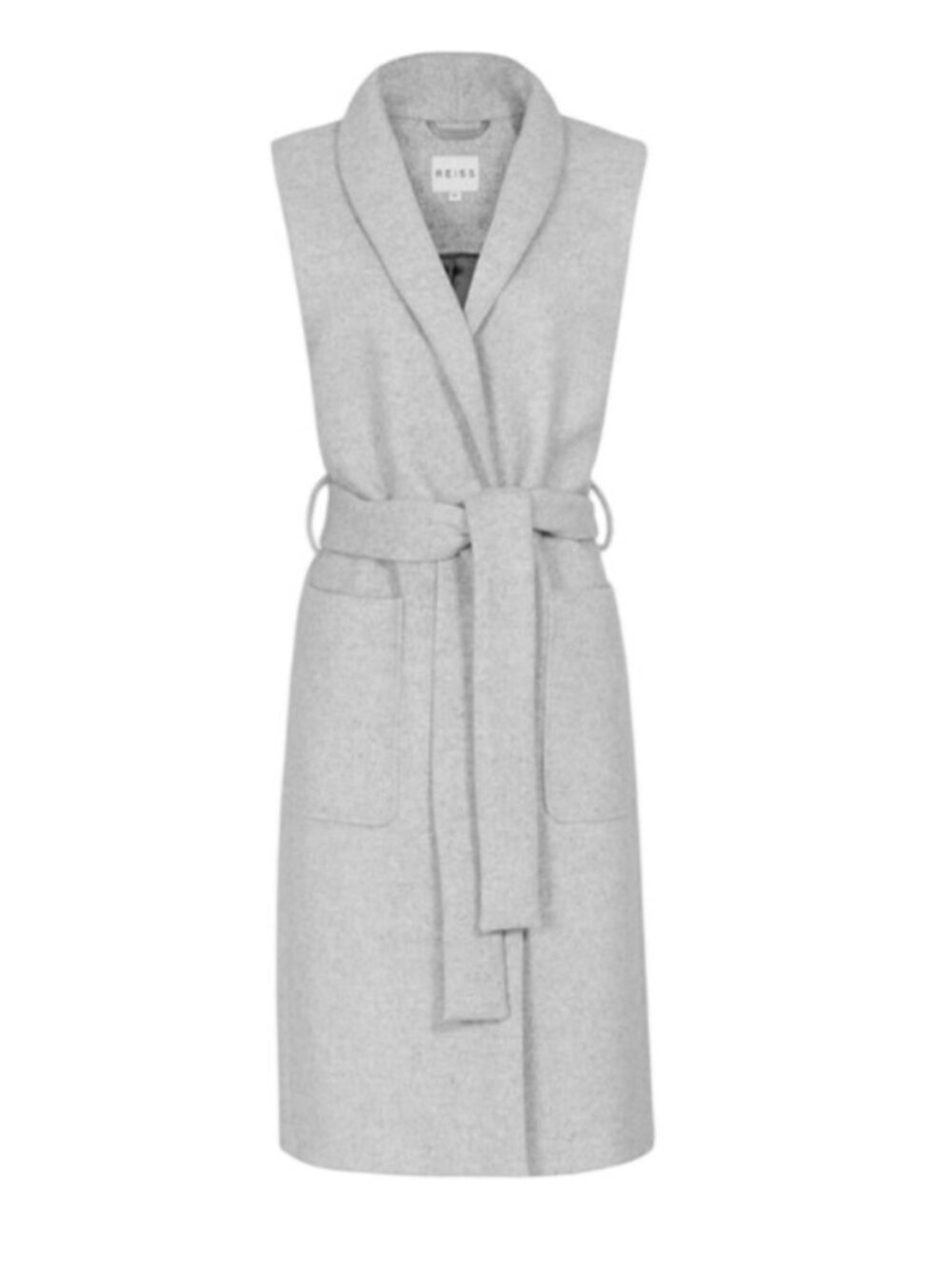 REISS Coat Womens Size Large Sleeveless Tie Waist Long Grey Boiled Wool